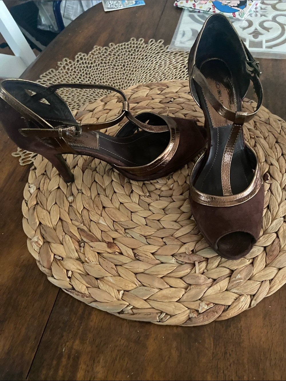 Bandolino Brown Suede Peep-Toe Heels with Metallic Trim